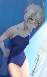  1girl ahoge arms_behind_back artoria_pendragon_(all) bangs bare_arms bare_shoulders black-framed_eyewear blonde_hair blue_swimsuit blush braid breasts collarbone commentary_request competition_school_swimsuit covered_navel cowboy_shot dutch_angle eyebrows_visible_through_hair fate/grand_order fate_(series) glasses highres looking_at_viewer medium_breasts mysterious_heroine_x_(alter) nonderi one-piece_swimsuit outdoors parted_lips poolside scarf semi-rimless_eyewear short_hair sidelocks small_breasts solo swimsuit tile_floor tiles towel under-rim_eyewear wet wet_clothes wet_hair yellow_eyes 