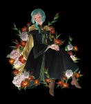  1girl absurdres ado002 aqua_hair black_background black_dress boots braid brown_footwear cape closed_eyes dress facing_viewer flower full_body hands_together highres honzuki_no_gekokujou invisible_chair jewelry ring sitting solo uniform yellow_cape 