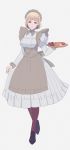  1girl adz_lrp blonde_hair blue_eyes earrings fire_emblem fire_emblem:_three_houses full_body highres holding holding_plate jewelry long_sleeves maid maid_headdress mercedes_von_martritz plate red_legwear short_hair simple_background solo 