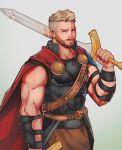  1boy absurdres armor art_cerealex avengers bara bare_shoulders beard blonde_hair blue_eyes bulge cape chest facial_hair facial_mark green_eyes highres male_focus manly marvel muscle over_shoulder pants pectorals sleeveless smile solo sword sword_over_shoulder thor_(marvel) weapon weapon_over_shoulder 