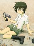  1girl androgynous blush boots cross-laced_footwear fp-45_liberator green_eyes green_hair gun handgun kino_(kino_no_tabi) kino_no_tabi lace-up_boots navel open_fly panties partially_unbuttoned pistol shirt short_hair shorts sitting solo tomboy trigger_discipline underwear weapon white_panties white_shirt yamane 