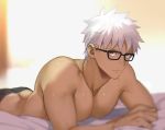  1boy archer ass bangs butt_crack chest dark_skin dark_skinned_male emya fate/grand_order fate/stay_night fate_(series) glasses grey_eyes looking_at_viewer lying male_focus on_stomach pectorals shirtless short_hair summer_casual_(fate/grand_order) sunlight white_hair 