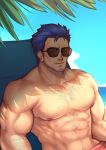  1boy abs art_cerealex bara beach beard blue_eyes blue_hair chest chest_hair close-up facial_hair fire_emblem fire_emblem_heroes hector_(fire_emblem) highres looking_at_viewer male_focus manly muscle nipples older pectorals shirtless smile solo summer sunglasses 