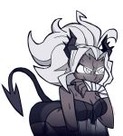  1girl bandages bikini black_horns black_swimsuit covering_mouth demon_horns demon_tail glowing glowing_eyes grey_skin hand_over_own_mouth helltaker horns judgement_(helltaker) kiyovero looking_to_the_side silver_hair smirk sweat swimsuit tail white_eyes 