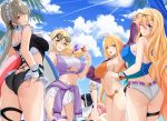  6+girls absurdres ahoge ass barcode_tattoo bianka_durandal_ataegina blonde_hair blue_eyes blue_sky breasts brown_hair character_request clothes_around_waist clouds cocktail_glass commentary cup day drinking_glass earrings eyewear_on_head frilled_swimsuit frills genderswap genderswap_(mtf) green_eyes hair_between_eyes hair_over_one_eye highres honkai_(series) honkai_impact_3rd jewelry kallen_kaslana large_breasts long_hair looking_at_viewer maid_headdress maid_swimsuit mole mole_under_eye multiple_girls navel noise_paper otto_apocalypse outdoors palm_tree pink_hair red_eyes rita_rossweisse rita_rossweisse_(icy_sea_spray) shirt shorts silver_hair sky smile standing summer sunglasses sweater sweater_around_waist swimsuit tattoo tied_shirt tree twintails very_long_hair white_shorts yae_sakura 