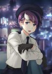  1boy axis_powers_hetalia belt beret black_gloves black_hair black_necktie blurry blurry_background city gloves gradient_eyes hat highres hituziko looking_at_viewer military_uniform multicolored_eyes multicolored_hair necktie night pants purple_hair shirt singapore singapore_(hetalia) smile solo uniform white_hair white_shirt 