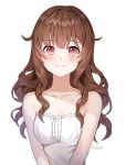  1girl artist_name bangs bare_shoulders blunt_bangs blush breasts brown_hair closed_mouth collarbone eyebrows_visible_through_hair long_hair original posom red_eyes sidelocks simple_background small_breasts smile solo strapless upper_body wavy_hair white_background 