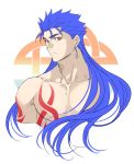  1boy blue_hair chest cropped_torso cu_chulainn_(fate)_(all) earrings emya expressionless fate/grand_order fate/stay_night fate_(series) jewelry lancer looking_at_viewer male_focus muscle pectorals ponytail red_eyes shirtless simple_background solo tattoo 