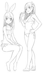  2girls animal_ear_fluff animal_ears bangs bare_arms bare_legs bare_shoulders barefoot bikini blush breasts bunny_girl bunny_tail choker closed_mouth collarbone eyebrows_visible_through_hair flower frilled_bikini frills greyscale hair_between_eyes hair_flower hair_ornament hand_on_hip hand_up holding holding_hair looking_at_viewer monochrome multiple_girls navel original parted_lips rabbit_ears saiste sandals side-tie_bikini simple_background sitting small_breasts smile standing swimsuit tail white_background 