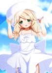  1girl arms_up blonde_hair clouds dress green_eyes hands_on_headwear hat highres hosizora_mikoto idolmaster idolmaster_cinderella_girls long_hair low_twintails open_mouth outdoors sky smile solo sun_hat sundress twintails white_dress white_headwear wind wind_lift yusa_kozue 
