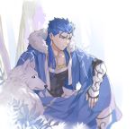 1boy blue_hair chest covered_abs covered_navel cu_chulainn_(fate)_(all) cu_chulainn_(fate/grand_order) earrings emya fate/grand_order fate/stay_night fate_(series) hood hoodie jewelry male_focus muscle pectorals red_eyes solo vambraces wolf 
