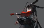  1girl amiya_(arknights) animal_ears arknights bangs black_jacket brown_hair closed_eyes closed_mouth expressionless eyebrows_visible_through_hair hair_between_eyes highres holding holding_instrument instrument jacket jewelry long_hair long_sleeves min_(120716) open_clothes open_jacket ponytail rabbit_ears ring sidelocks solo upper_body violin 