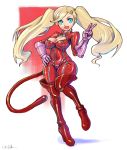  1girl blonde_hair blue_eyes bodysuit boots breasts gloves hair_ornament hairclip highres large_breasts looking_at_viewer oomasa_teikoku open_mouth persona persona_5 skin_tight solo takamaki_anne thick_thighs thigh-highs thigh_boots thighs twintails v 
