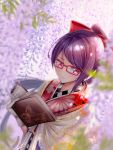  1girl absurdres blurry_foreground book bow closed_mouth dutch_angle flower glasses gloves gundou_mirei hair_bow high_ponytail highres holding nijisanji open_book pink_eyes purple_hair rai_(newtype_xm-x1) reading rectangular_eyewear red-framed_eyewear red_bow shiny shiny_hair solo tied_hair upper_body virtual_youtuber white_gloves wisteria 