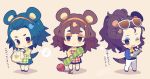  3girls ;d apron asami_(doubutsu_no_mori) bangs blue_hair blue_jacket blue_skirt blush_stickers brown_background brown_hair chibi closed_mouth commentary_request dated doubutsu_no_mori eighth_note eyewear_on_head full_body hairband hedgehog_ears hedgehog_girl hedgehog_tail highres holding holding_clothes humanization jacket kate_(doubutsu_no_mori) kinuyo_(doubutsu_no_mori) multiple_girls musical_note one_eye_closed open_mouth orange_hairband pants plaid plaid_apron pleated_skirt ponytail shirt siblings signature sisters skirt smile spiky_hair spoken_musical_note standing sunglasses tail white_pants yarn yarn_ball yellow_shirt yumenouchi_chiharu 