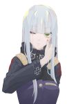  1girl absurdres blood blood_on_face blue_hair closed_mouth cross eyebrows_visible_through_hair finger_to_face girls_frontline green_eyes hair_between_eyes highres hk416_(girls_frontline) long_hair looking_at_viewer military military_uniform no_gloves one_eye_closed solo uniform white_background yueyue_no_hand 