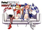  2girls ahoge animal_ear_fluff animal_ears black_footwear blonde_hair blue_bow blue_jacket boots bow breasts cleavage_cutout couch fate/extella fate/extra fate_(series) fox_ears fox_girl fox_shadow_puppet fox_tail gloves green_eyes hair_bow hair_intakes high_heel_boots high_heels jacket jacket_on_shoulders large_breasts leotard long_hair merokonbu0 midriff mismatched_footwear multiple_girls nero_claudius_(fate) nero_claudius_(fate)_(all) pink_hair ponytail racequeen red_bow red_footwear red_jacket short_sleeves shorts sitting tail tamamo_(fate)_(all) tamamo_no_mae_(fate) thigh-highs thigh_boots white_background white_footwear white_gloves white_leotard white_shorts yellow_eyes 