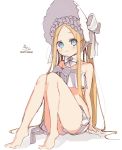  1girl abigail_williams_(fate/grand_order) abigail_williams_(swimsuit_foreigner)_(fate) bangs bare_arms bare_legs bare_shoulders barefoot bikini blonde_hair blue_eyes blush bonnet bow closed_mouth eyebrows_visible_through_hair fate/grand_order fate_(series) forehead full_body hair_bow highres knees_together_feet_apart knees_up long_hair looking_at_viewer parted_bangs shadow signature sitting sofra solo strapless strapless_bikini striped striped_bow swimsuit twintails twitter_username very_long_hair white_background white_bikini white_bow white_headwear 