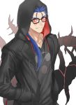  1boy alternate_costume blue_hair chest cu_chulainn_(fate)_(all) cu_chulainn_alter_(fate/grand_order) earrings emya facial_mark fate/grand_order fate/stay_night fate_(series) glasses hands_in_pockets hood hoodie jewelry leather male_focus muscle pectorals ponytail red_eyes solo tail 