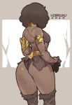  1girl 2020 afro armband armor ass back bare_shoulders bikini_armor black_hair breasts commentary cowboy_shot dark_skin diana_the_acrobat dungeons_and_dragons english_commentary flat_ass from_behind gorget highres loincloth norasuko older over-kneehighs sketch small_breasts solo thick_thighs thigh-highs thighs toned very_dark_skin wide_hips 