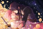  belt black_hair bracelet closed_eyes dress estellise_sidos_heurassein flower gloves highres jewelry leaning_over long_hair open_mouth pink_hair scabbard sheath short_hair starry_background tales_of_(series) tales_of_vesperia tsubsa_syaoin violet_eyes weapon yuri_lowell 