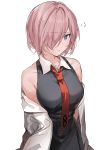  1girl bare_shoulders black_dress breasts commentary_request dress eyebrows_visible_through_hair fate/grand_order fate_(series) hair_over_one_eye highres jacket mash_kyrielight necktie pink_hair red_neckwear short_hair simple_background sleeveless sleeveless_dress solo violet_eyes white_background xretakex 