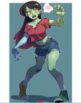  1girl breasts denim denim_shorts english_commentary green_skin medium_breasts midriff monster_girl navel open_hands open_mouth original short_shorts shorts snowcie solo thought_bubble yellow_eyes zombie 