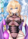  1girl absurdres bare_shoulders blonde_hair blue_eyes blush braid breasts commentary commentary_request cosplay covered_navel eyebrows_visible_through_hair fate/grand_order fate_(series) highres jeanne_d&#039;arc_(fate) jeanne_d&#039;arc_(fate)_(all) large_breasts looking_at_viewer murasaki_shikibu_(fate) murasaki_shikibu_(fate)_(cosplay) murasaki_shikibu_(swimsuit_rider)_(fate) nuts_(hazel-nuts) parted_lips solo swimsuit twin_braids upper_body 