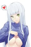  1girl blue_hair blue_sweater breasts clothes_lift eyebrows_visible_through_hair girls_frontline green_eyes hair_between_eyes heart heart_print highres hk416_(girls_frontline) long_hair looking_at_viewer medium_breasts no_bra solo sweater sweater_lift turtleneck white_background yueyue_no_hand 