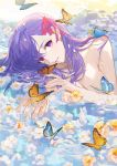  1girl bangs blue_butterfly breasts bug butterfly fate/stay_night fate_(series) floral_background flower hair_ribbon heaven&#039;s_feel insect light long_hair looking_at_viewer matou_sakura no_bra orange_butterfly partially_submerged petals purple_hair red_ribbon ribbon satsuya smile solo violet_eyes water wet wet_hair white_flower 