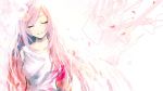  1girl closed_eyes commentary daisy falling_petals flower hair_flower hair_ornament highres light_smile long_hair megurine_luka nyakkunn paper petals pink_hair shirt solo tears upper_body vocaloid white_shirt 