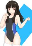  1girl absurdres bangs black_hair black_swimsuit blue_background blunt_bangs brown_eyes commentary_request competition_swimsuit cowboy_shot hatsuyuki_(kantai_collection) highres kantai_collection long_hair looking_at_viewer nitamago_(sakamalh) one-piece_swimsuit solo swimsuit thigh-highs two-tone_background two-tone_swimsuit white_background white_legwear 