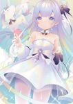  1girl absurdres alicorn azur_lane bare_shoulders blurry bow bridal_veil choker commentary_request depth_of_field detached_sleeves dress earrings gradient_hair hair_bow hair_bun hair_ribbon highres hina_(bird_salty) jewelry long_hair looking_at_viewer multicolored_hair off-shoulder_dress off_shoulder one_side_up pantyhose petals purple_hair ribbon side_bun smile solo sparkle unicorn_(a_dream_of_pure_vows)_(azur_lane) unicorn_(azur_lane) veil violet_eyes wedding_dress white_dress white_legwear 