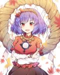  1girl :d absurdres arms_under_breasts autumn_leaves bangs black_skirt blurry blurry_background blurry_foreground breasts caramell0501 depth_of_field eyebrows_visible_through_hair hair_ornament highres leaf_hair_ornament long_sleeves looking_at_viewer medium_breasts onbashira open_mouth pleated_skirt red_eyes red_shirt rope shimenawa shirt short_over_long_sleeves short_sleeves simple_background skirt smile solo touhou violet_eyes white_background yasaka_kanako 