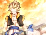  1boy blonde_hair bracer closed_mouth dragon_ball dragon_ball_z gogeta highres looking_at_viewer male_focus mattari_illust metamoran_vest muscle pants pectorals smile solo spiky_hair standing super_saiyan super_saiyan_1 vest white_pants 