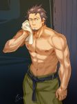  1boy abs arm_at_side bara beard brown_hair collarbone dark_background dated decadence_(anime) facial_hair green_pants grey_eyes hand_up highres indoors lrpanda00 muscle navel pants scar solo standing sweatdrop towel wet 