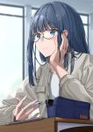  1girl bangs blue_eyes blue_hair blunt_bangs blush buttons closed_mouth desk elbows_on_table eyebrows_visible_through_hair fingernails glasses grey_jacket hand_on_own_cheek highres holding holding_pencil indoors jacket jewelry long_fingernails long_hair long_sleeves looking_at_another magia_record:_mahou_shoujo_madoka_magica_gaiden mahou_shoujo_madoka_magica mechanical_pencil nanami_yachiyo noeru open_clothes open_jacket paper pencil pencil_case pocket ring shirt solo table white_shirt window 