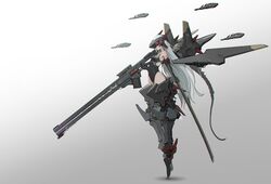  1girl bare_shoulders commentary drone elbow_gloves full_body gloves gradient gradient_background grey_background gun head_mounted_display headgear highres leotard light_blue_hair long_hair mecha_musume mechanical_legs mechanical_wings oota_youjo original plantar_flexion rifle solo sword very_long_hair weapon white_background wings 