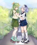  2girls blue_eyes blue_hair character_request green_eyes green_hair green_skirt hair_ribbon hand_on_another&#039;s_arm hand_on_another&#039;s_waist highres kneehighs looking_at_another multiple_girls okazakileo plaid plaid_skirt railing ribbon roller_skates school_uniform sigsbee_(warship_girls_r) skates skirt uniform warship_girls_r yuri 