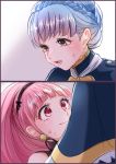  2girls blue_hair braid brown_eyes closed_mouth crown_braid earrings fire_emblem fire_emblem:_three_houses highres hilda_valentine_goneril jewelry long_hair marianne_von_edmund multiple_girls open_mouth pink_eyes pink_hair ponytail twitter_username yutohiroya 