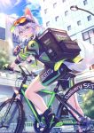  1girl absurdres animal_ears bicycle blue_eyes building commentary_request ground_vehicle highres looking_at_viewer original outdoors phone shoes short_hair solo white_hair zoff_(daria) 