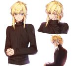 1boy alternate_hairstyle bangs black_sweater blonde_hair blue_eyes blush cropped_torso earrings half_updo jewelry link long_sleeves looking_at_viewer looking_away male_focus multiple_views ninto own_hands_together pointy_ears profile ribbed_sweater sidelocks simple_background sleeves_past_wrists smile sweater the_legend_of_zelda the_legend_of_zelda:_breath_of_the_wild turtleneck turtleneck_sweater white_background 