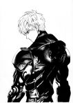  1boy absurdres black_sclera closed_mouth cyborg expressionless from_behind genos greyscale highres jacket joints looking_at_viewer looking_back male_focus monochrome murata_yuusuke official_art one-punch_man pen_(medium) robot_joints short_hair solo upper_body 