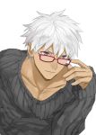  1boy adjusting_eyewear alternate_costume alternate_hairstyle archer bangs chest dark_skin dark_skinned_male emya fate/grand_order fate/stay_night fate_(series) glasses grey_eyes male_focus muscle pectorals short_hair sweater white_background white_hair 