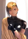  1girl bodysuit brown_eyes brown_hair fingerless_gloves gloves highres kilye_4421 latex_bodysuit looking_at_viewer mole mole_under_eye multicolored_hair original short_hair skin_tight smile solo two-tone_hair 