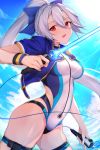  1girl :d blue_background blue_bow blue_jacket blush bow clouds cowboy_shot fate/grand_order fate_(series) hair_between_eyes hair_bow highres holding holding_sword holding_weapon jacket long_hair looking_at_viewer open_mouth ponytail red_eyes sky smile solo standing swimsuit sword tapioka_(oekakitapioka) tomoe_gozen_(fate/grand_order) tomoe_gozen_(swimsuit_saber)_(fate) weapon white_hair 