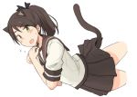  1girl animal_ears brown_eyes brown_hair brown_sailor_collar brown_skirt cat_ears cat_tail kantai_collection kugui_kiyunemu looking_at_viewer pleated_skirt ponytail sailor_collar school_uniform serafuku shikinami_(kantai_collection) short_hair simple_background skirt solo tail white_background 