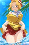  1girl announcer_(appare_ranman!) appare-ranman! blonde_hair blue_neckwear blush day dress highres lifted_by_self looking_at_viewer outdoors pout red_skirt redhead short_hair skirt solo standing summer wading yasutomo!_(akuasky) yellow_dress 