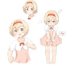  1girl :o :t =3 baigao bangs bare_legs barefoot blonde_hair blush child chinese_commentary commentary_request djeeta_(granblue_fantasy) granblue_fantasy hairband highres looking_at_viewer multiple_views partial_commentary pout red_hairband short_hair short_sleeves simple_background smile spoken_panties white_background yellow_eyes younger 