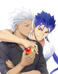  2boys alternate_costume archer arm_around_shoulder blue_hair casual chest couple cover cover_page cu_chulainn_(fate)_(all) dark_skin dark_skinned_male earrings emya fate/grand_order fate/stay_night fate_(series) food fruit grey_eyes jewelry lancer long_hair male_focus multiple_boys muscle peach red_eyes short_hair smirk textless white_hair 